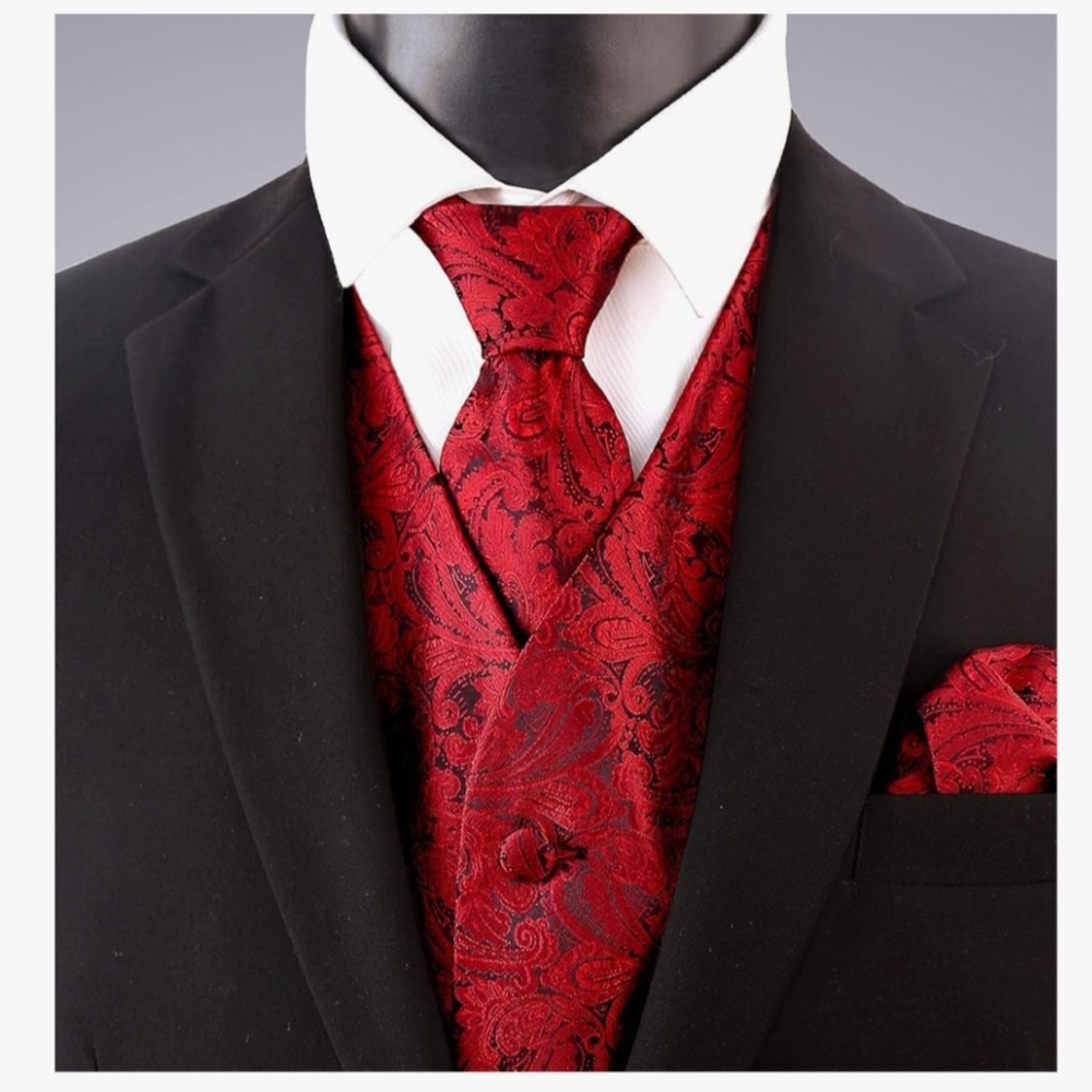 Stylish Red Paisley Vest, Tie, and Pocket Square Set Men's Large